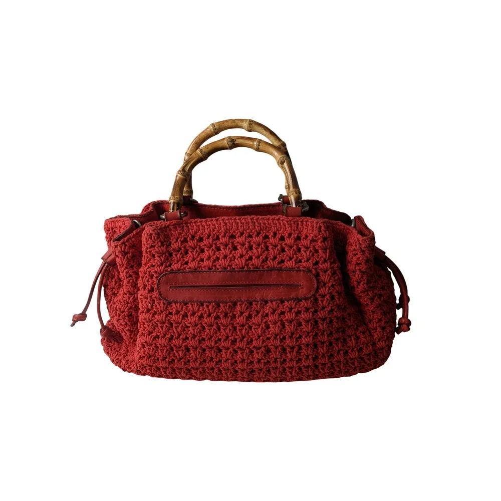 Patricia Nash Red Crochet Floral Satchel Bag Bamboo Handles Boho Handbag